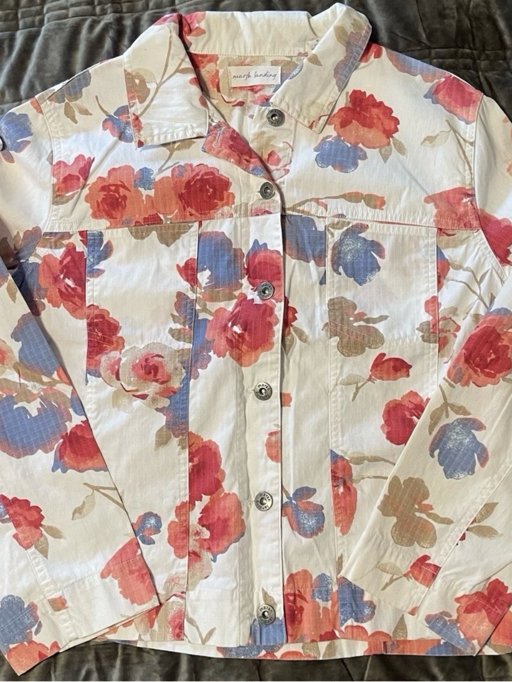 Marsh Landing White Floral Utility Jacket with Red & Blue Blooms
